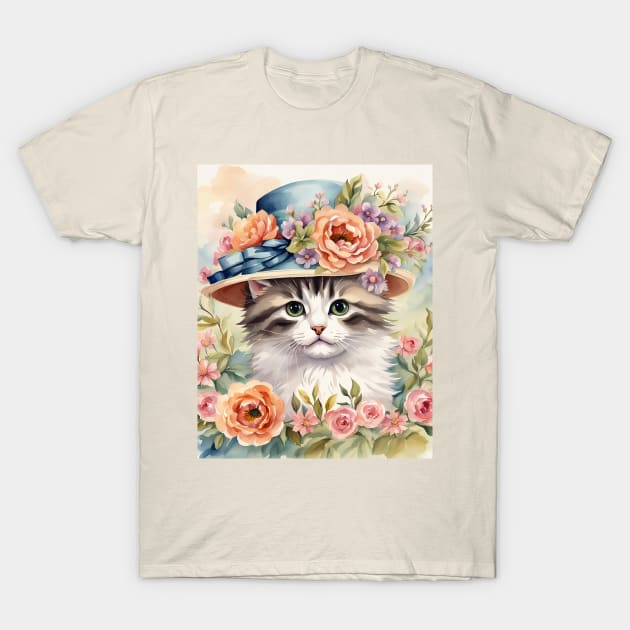 Edwardian Cat in Floral hat T-Shirt by Jasmine Fleur